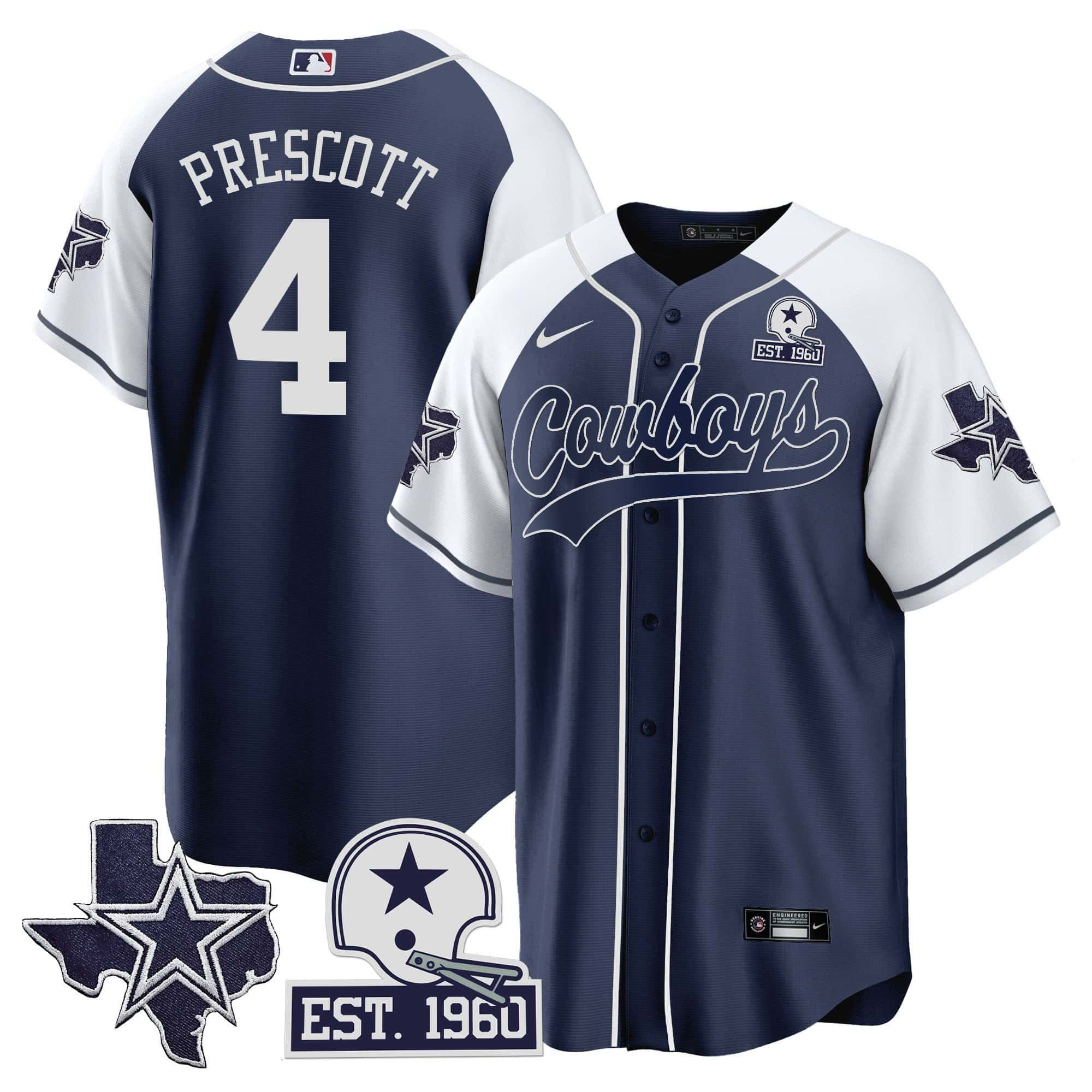 Men Dallas Cowboys 4 Prescott Dark blue 2024 Nike Patch Baseball NFL Jersey style 1